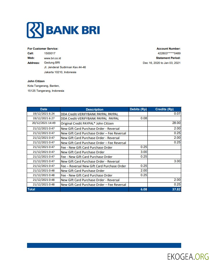 Modèle de relevé bancaire de l'Indonesia Bank Rakyat Indonesia (BRI) au format de fichier .xls et .pdf